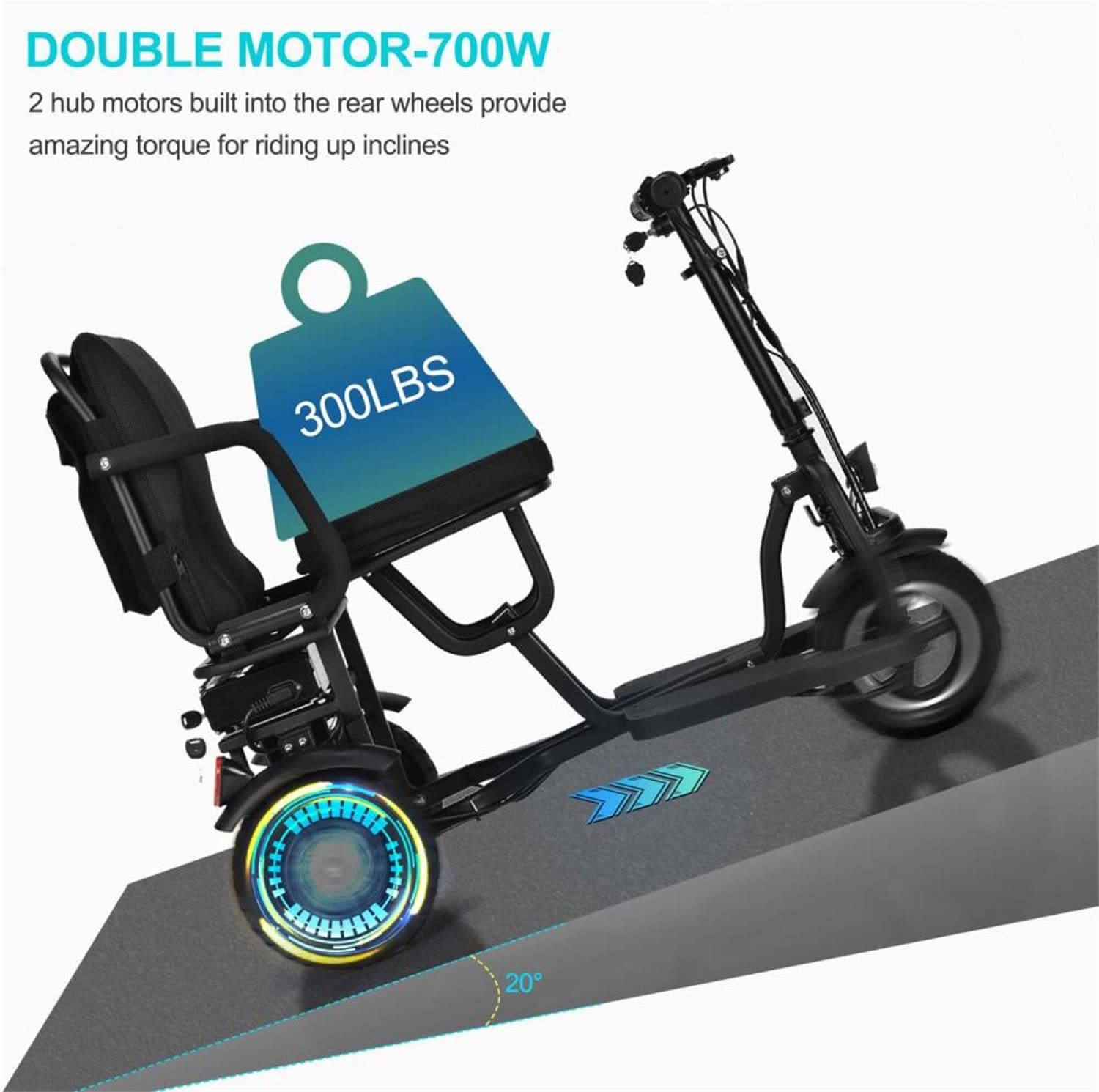 mototec folding mobility electric trike 48v 700w dual motor